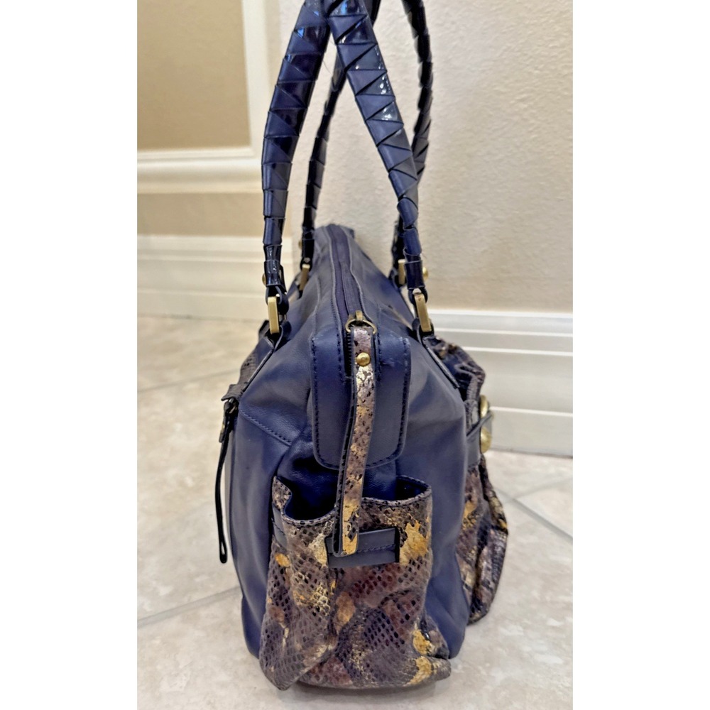 Sharif 1827 Navy Blue Leather Shoulder Bag Purse Faux Snakeskin Purse Preppy - Picture 3 of 14